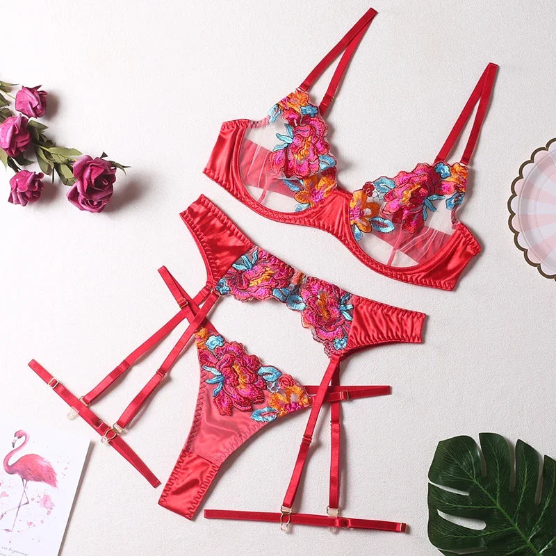 Silky 3-Piece Embroidery Lingerie Set High Quality Luxury Stripper Clothes Exotic Transparent Lace Satin Thong Set