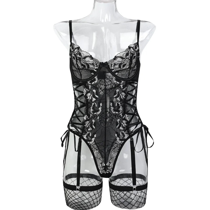 Tornova Sexy Mesh Onesie Lingerie for Women Lace Patchwork Mesh See-through Underwear Lace Up Hollow Out Stocking Underwear Set