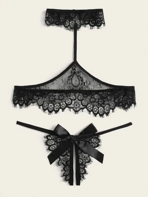 Hollow Bow Bra Open Crotch Underwear Sexy Lingerie Set Lace Halter Sleepwear Porno Sex Costumes for Women stripper clothes