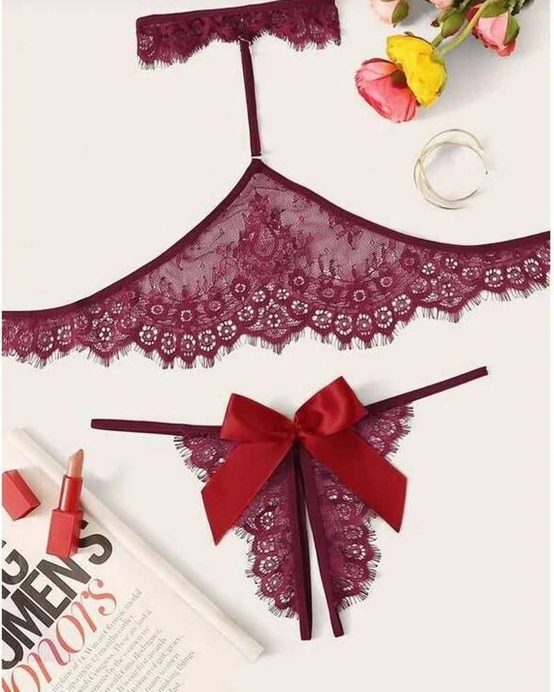 Hollow Bow Bra Open Crotch Underwear Sexy Lingerie Set Lace Halter Sleepwear Porno Sex Costumes for Women stripper clothes
