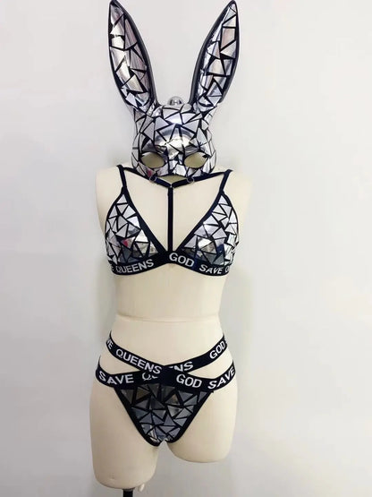 Sexy Silver Rabbit mask mirror bikini sexy club dancer wear Nightclub show singer dance Costume