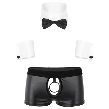 Cosplay Men Sexy Lingerie Set Waiter Stage Dancer Costumes Sexy Leather Crotchless Underwear Role Play Uniforms Nightclub Outfit