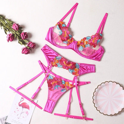 Silky 3-Piece Embroidery Lingerie Set  High Quality Luxury Stripper Clothes Exotic Transparent Lace Satin Thong Set