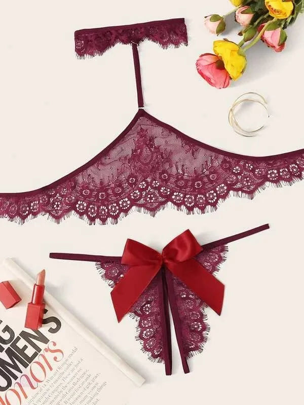 Hollow Bow Bra Open Crotch Underwear Sexy Lingerie Set Lace Halter Sleepwear Porno Sex Costumes for Women stripper clothes