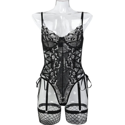 Tornova Sexy Mesh Onesie Lingerie for Women Lace Patchwork Mesh See-through Underwear Lace Up Hollow Out Stocking Underwear Set