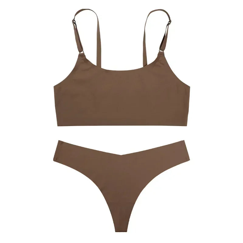 Bra Underwear Set for Women Wireless Spaghetti-Strap Vest Big Chest Small Push up Breathable Sexy Seamless Bra Set