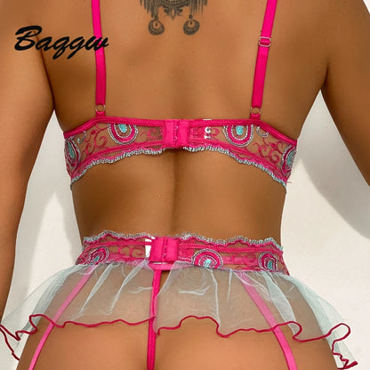 Transparent Sexy Women Lingerie Underwear Outfits 3Piece Bra Sets Lace Embroidery Intimate Nightwear Erotic Stripper Sex Clothes
