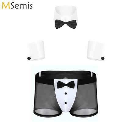 Men Cosplay Sexy Lingerie Set Waiter Stage Dancer Costumes Sexy Leather Crotchless Underwear Role Play Uniforms Nightclub Outfit