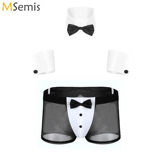 Men Cosplay Sexy Lingerie Set Waiter Stage Dancer Costumes Sexy Leather Crotchless Underwear Role Play Uniforms Nightclub Outfit