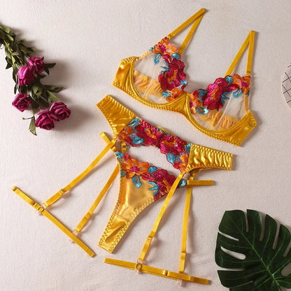 Silky 3-Piece Embroidery Lingerie Set  High Quality Luxury Stripper Clothes Exotic Transparent Lace Satin Thong Set