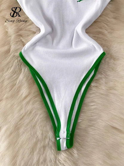 SINGREINY Summer Camis Open crotch Playsuits Sleevless Contrasting Slim Bodysuits 2024 Female Streetwear Sheath Vintage Rompers