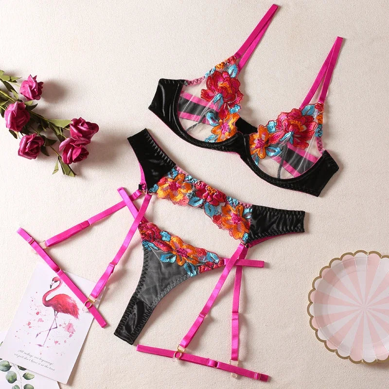 Silky 3-Piece Embroidery Lingerie Set  High Quality Luxury Stripper Clothes Exotic Transparent Lace Satin Thong Set
