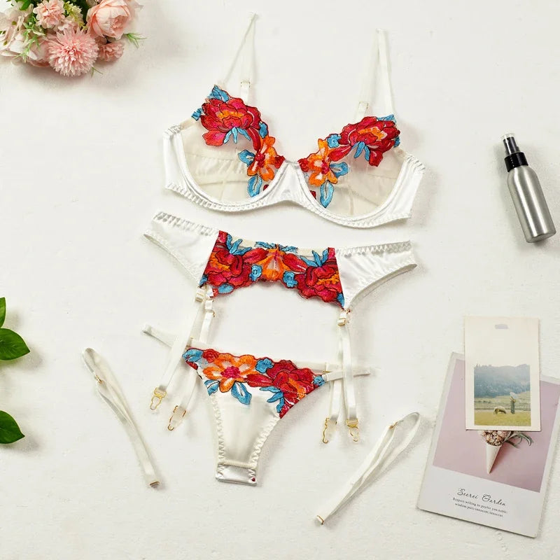 Silky 3-Piece Embroidery Lingerie Set  High Quality Luxury Stripper Clothes Exotic Transparent Lace Satin Thong Set