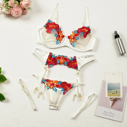 Silky 3-Piece Embroidery Lingerie Set  High Quality Luxury Stripper Clothes Exotic Transparent Lace Satin Thong Set