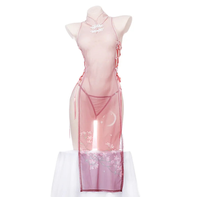 AniLV Anime Sakura Cheongsam Unform Cosplay Women Mesh Transparent Flower Dress Purple Qipao Temperament Lingerie Erotic Costume