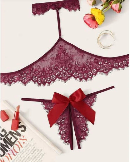 Hollow Bow Bra Open Crotch Underwear Sexy Lingerie Set Lace Halter Sleepwear Porno Sex Costumes for Women stripper clothes