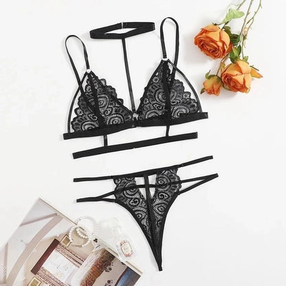Hollow Bow Bra Open Crotch Underwear Sexy Lingerie Set Lace Halter Sleepwear Porno Sex Costumes for Women stripper clothes