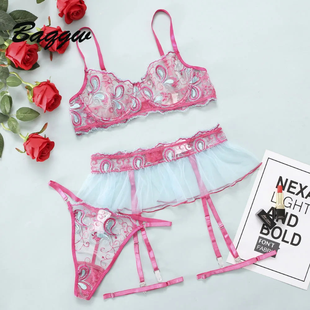 Transparent Sexy Women Lingerie Underwear Outfits 3Piece Bra Sets Lace Embroidery Intimate Nightwear Erotic Stripper Sex Clothes