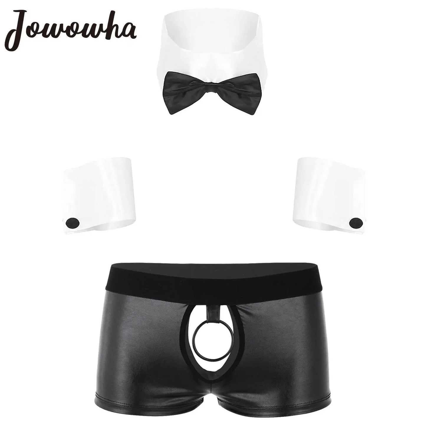 Cosplay Men Sexy Lingerie Set Waiter Stage Dancer Costumes Sexy Leather Crotchless Underwear Role Play Uniforms Nightclub Outfit