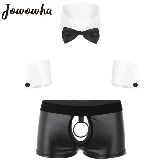 Cosplay Men Sexy Lingerie Set Waiter Stage Dancer Costumes Sexy Leather Crotchless Underwear Role Play Uniforms Nightclub Outfit