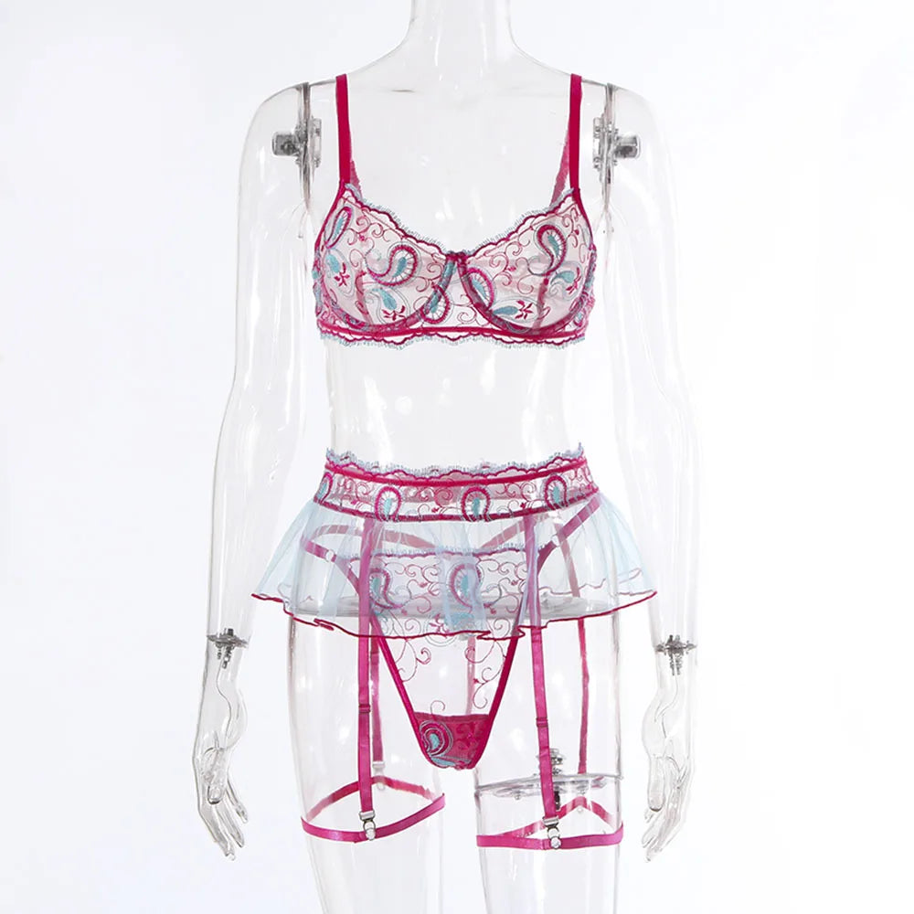 Transparent Sexy Women Lingerie Underwear Outfits 3Piece Bra Sets Lace Embroidery Intimate Nightwear Erotic Stripper Sex Clothes