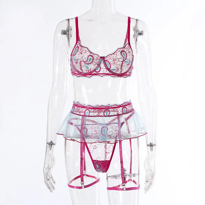Transparent Sexy Women Lingerie Underwear Outfits 3Piece Bra Sets Lace Embroidery Intimate Nightwear Erotic Stripper Sex Clothes