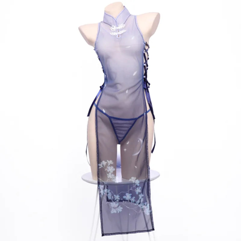 AniLV Anime Sakura Cheongsam Unform Cosplay Women Mesh Transparent Flower Dress Purple Qipao Temperament Lingerie Erotic Costume