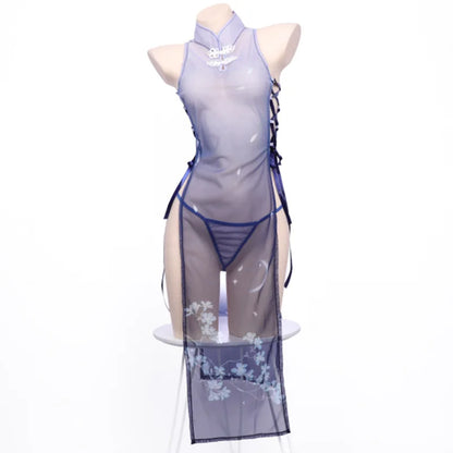 AniLV Anime Sakura Cheongsam Unform Cosplay Women Mesh Transparent Flower Dress Purple Qipao Temperament Lingerie Erotic Costume