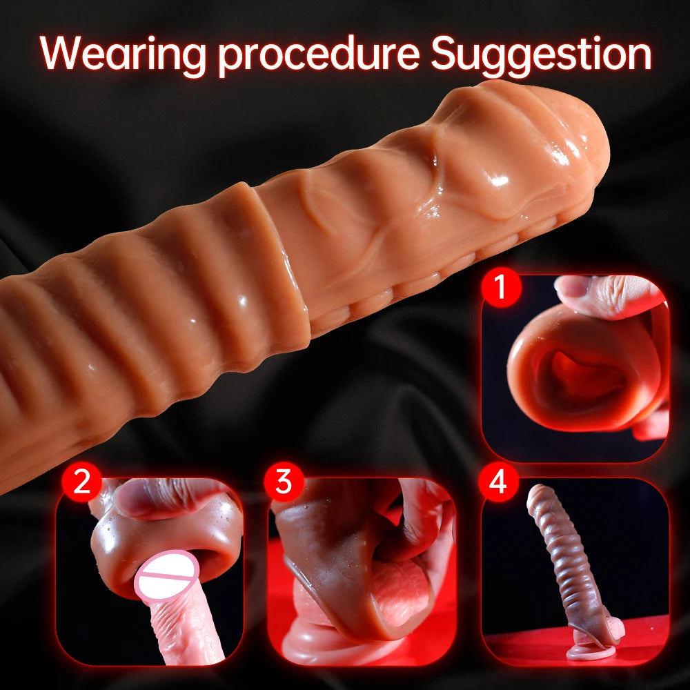 Reusable Condoms Male Penis Extension Sleeves Enlargement Delay Vibrators Delay Ejaculation Cock Ring Adult Sex Toys For Men
