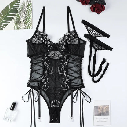Tornova Sexy Mesh Onesie Lingerie for Women Lace Patchwork Mesh See-through Underwear Lace Up Hollow Out Stocking Underwear Set
