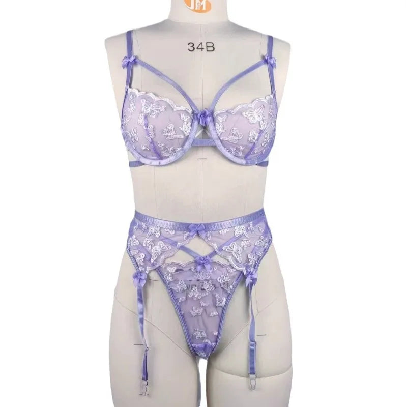 Toucheart Sexy Bra Lingerie Set for Women Bow Knot Embroidery Hollow Out See-through Underwear 3-piece Set Lingeries Sexy Hot