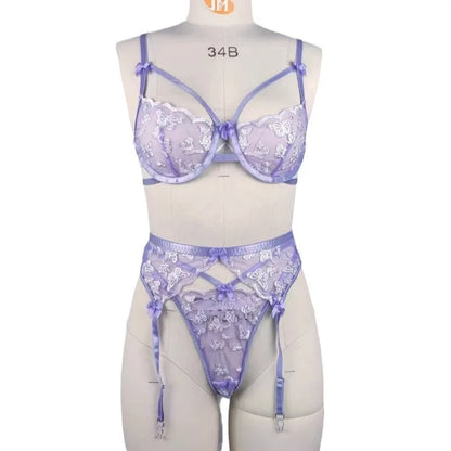 Toucheart Sexy Bra Lingerie Set for Women Bow Knot Embroidery Hollow Out See-through Underwear 3-piece Set Lingeries Sexy Hot