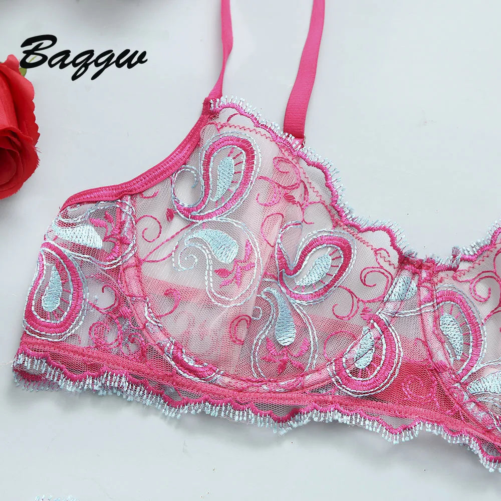 Transparent Sexy Women Lingerie Underwear Outfits 3Piece Bra Sets Lace Embroidery Intimate Nightwear Erotic Stripper Sex Clothes