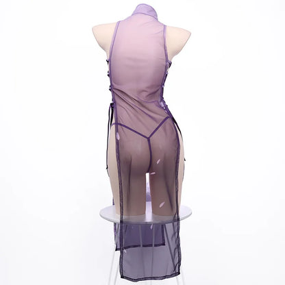 AniLV Anime Sakura Cheongsam Unform Cosplay Women Mesh Transparent Flower Dress Purple Qipao Temperament Lingerie Erotic Costume