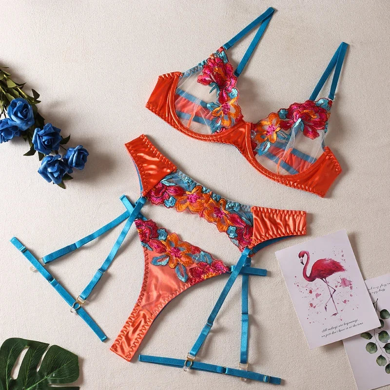 Silky 3-Piece Embroidery Lingerie Set  High Quality Luxury Stripper Clothes Exotic Transparent Lace Satin Thong Set