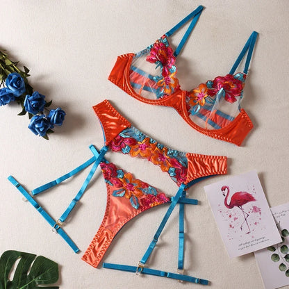 Silky 3-Piece Embroidery Lingerie Set  High Quality Luxury Stripper Clothes Exotic Transparent Lace Satin Thong Set