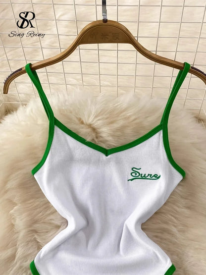 SINGREINY Summer Camis Open crotch Playsuits Sleevless Contrasting Slim Bodysuits 2024 Female Streetwear Sheath Vintage Rompers