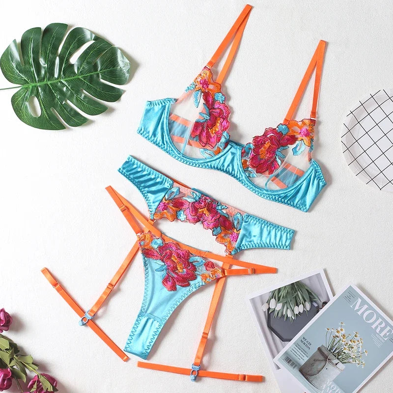 Silky 3-Piece Embroidery Lingerie Set  High Quality Luxury Stripper Clothes Exotic Transparent Lace Satin Thong Set