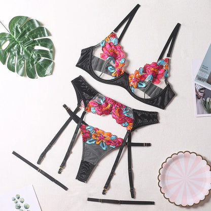 Silky 3-Piece Embroidery Lingerie Set  High Quality Luxury Stripper Clothes Exotic Transparent Lace Satin Thong Set