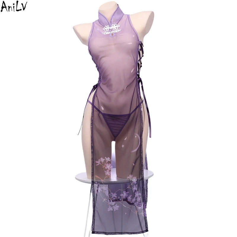 AniLV Anime Sakura Cheongsam Unform Cosplay Women Mesh Transparent Flower Dress Purple Qipao Temperament Lingerie Erotic Costume