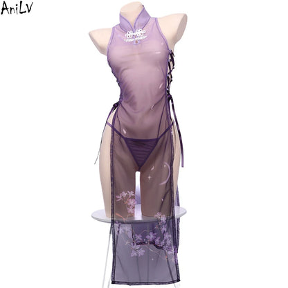 AniLV Anime Sakura Cheongsam Unform Cosplay Women Mesh Transparent Flower Dress Purple Qipao Temperament Lingerie Erotic Costume