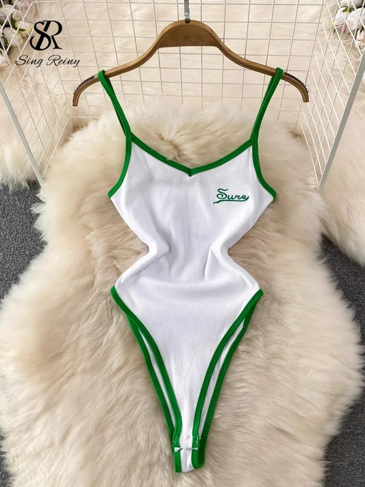 SINGREINY Summer Camis Open crotch Playsuits Sleevless Contrasting Slim Bodysuits 2024 Female Streetwear Sheath Vintage Rompers