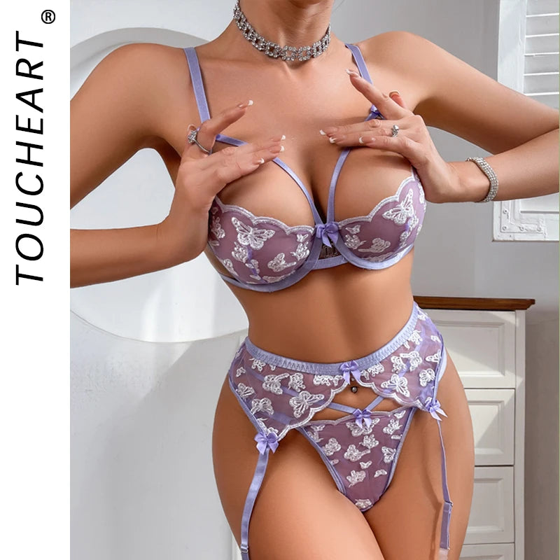 Toucheart Sexy Bra Lingerie Set for Women Bow Knot Embroidery Hollow Out See-through Underwear 3-piece Set Lingeries Sexy Hot
