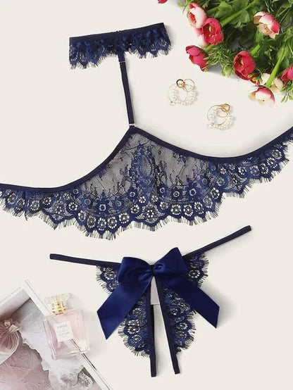 Hollow Bow Bra Open Crotch Underwear Sexy Lingerie Set Lace Halter Sleepwear Porno Sex Costumes for Women stripper clothes